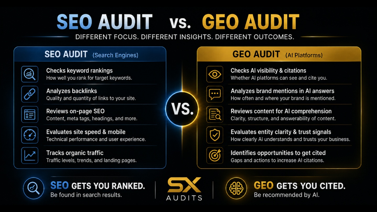 GEO Audit vs. SEO Audit: What Each One Actually Checks (and Why You Need Both)